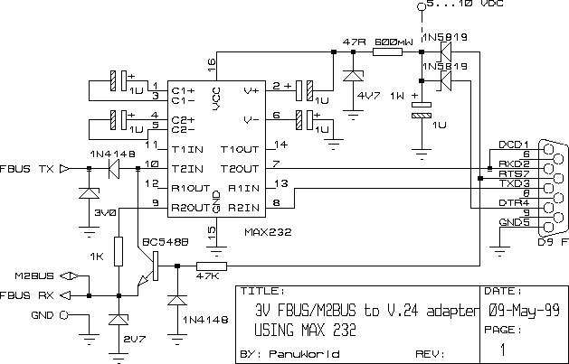 Miniature 3 V FBUS/M2BUS to V.24 adapter using MAX 232